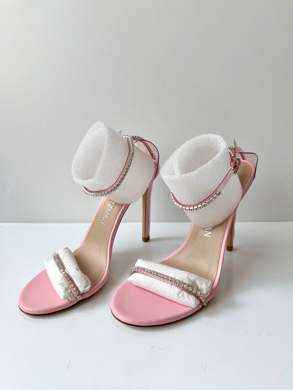 Stuart Weitzman Light Pink NudistGlam100 Rhinestone Ankle-Strap Stiletto Sandals